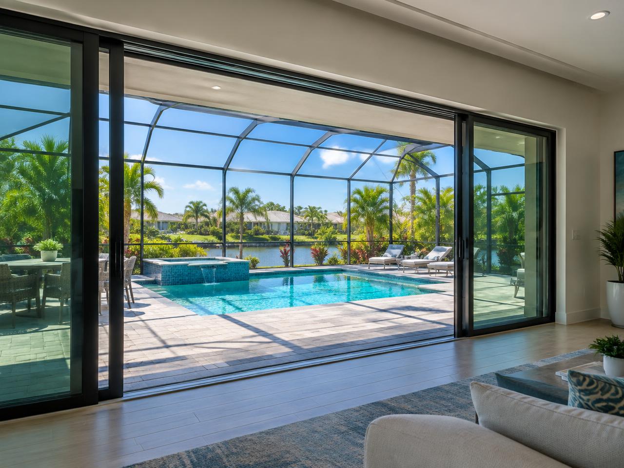 Sliding glass door opening to a pool lanai
