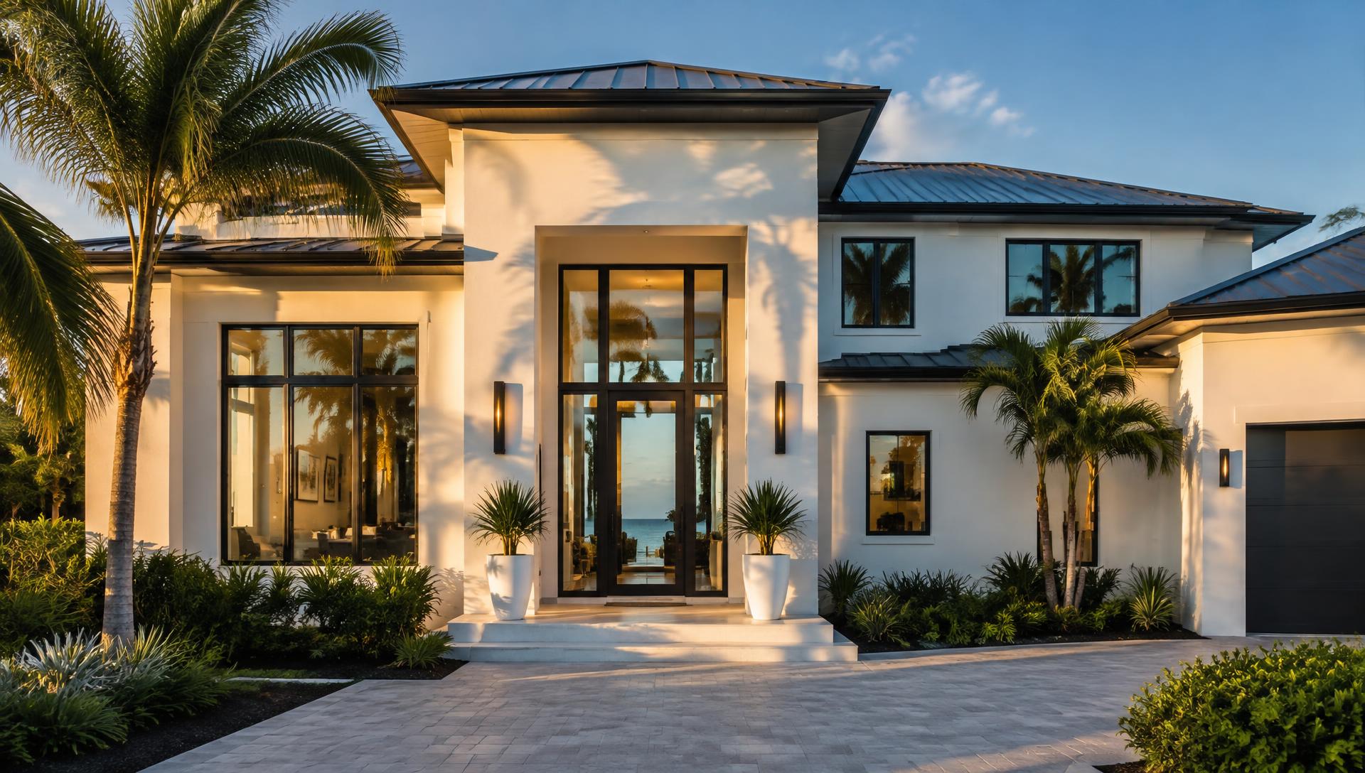 Modern Florida home with new impact windows and glass entry door at sunset